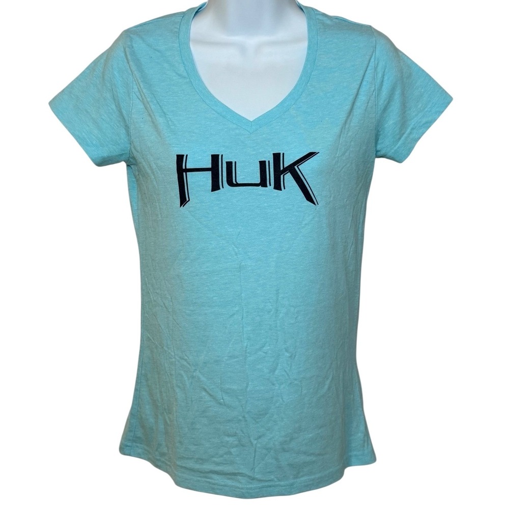 HUK Performance T-Shirt Aqua Blue V-Neck Short Sleeve Womens Medium Logo Graphic